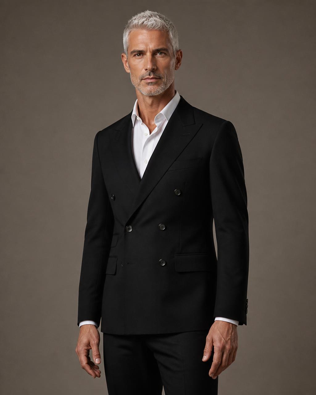 Adrian Vale — black double-breasted suit, warm studio backdrop