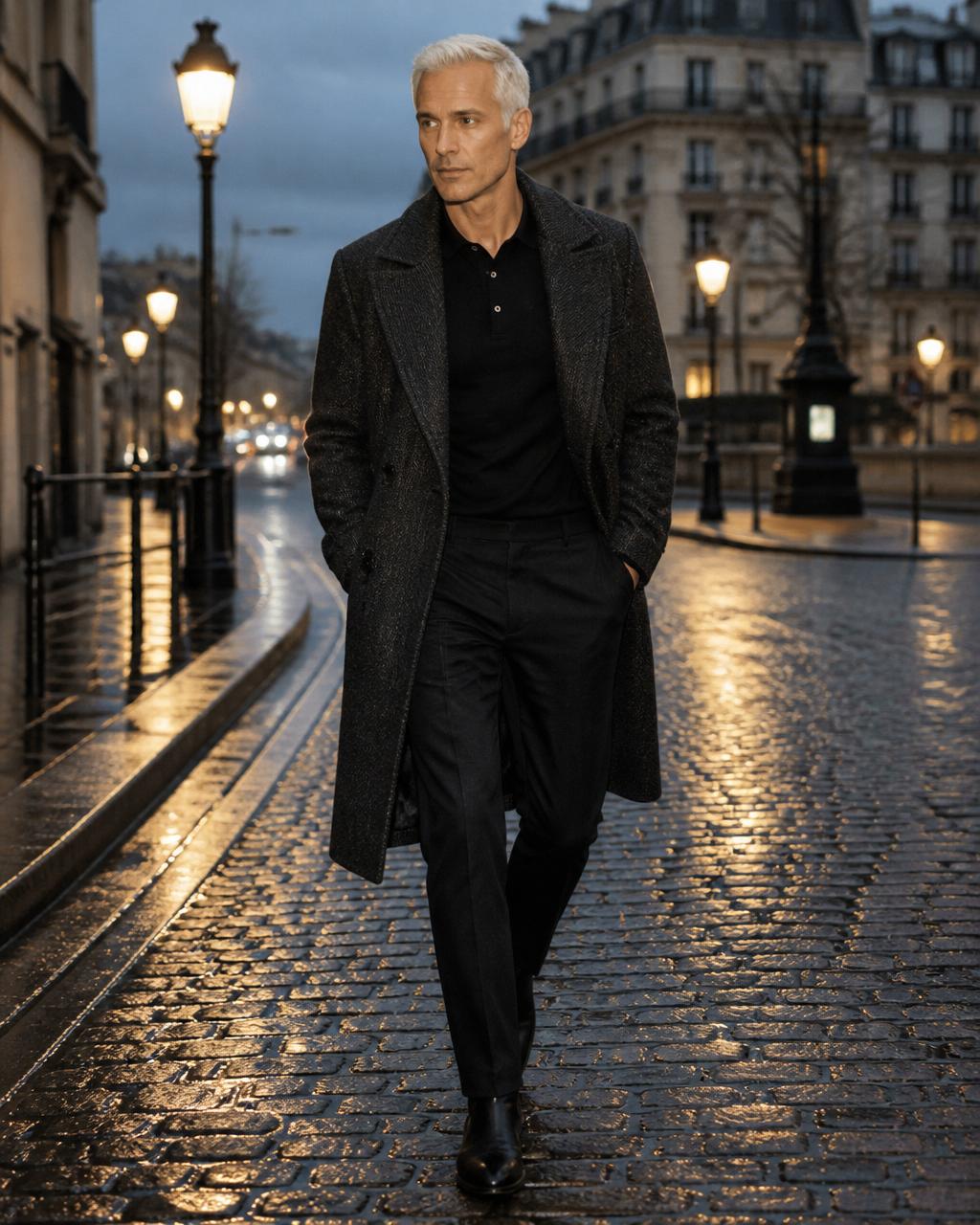 Adrian Vale — charcoal overcoat, wet cobblestone street at blue hour