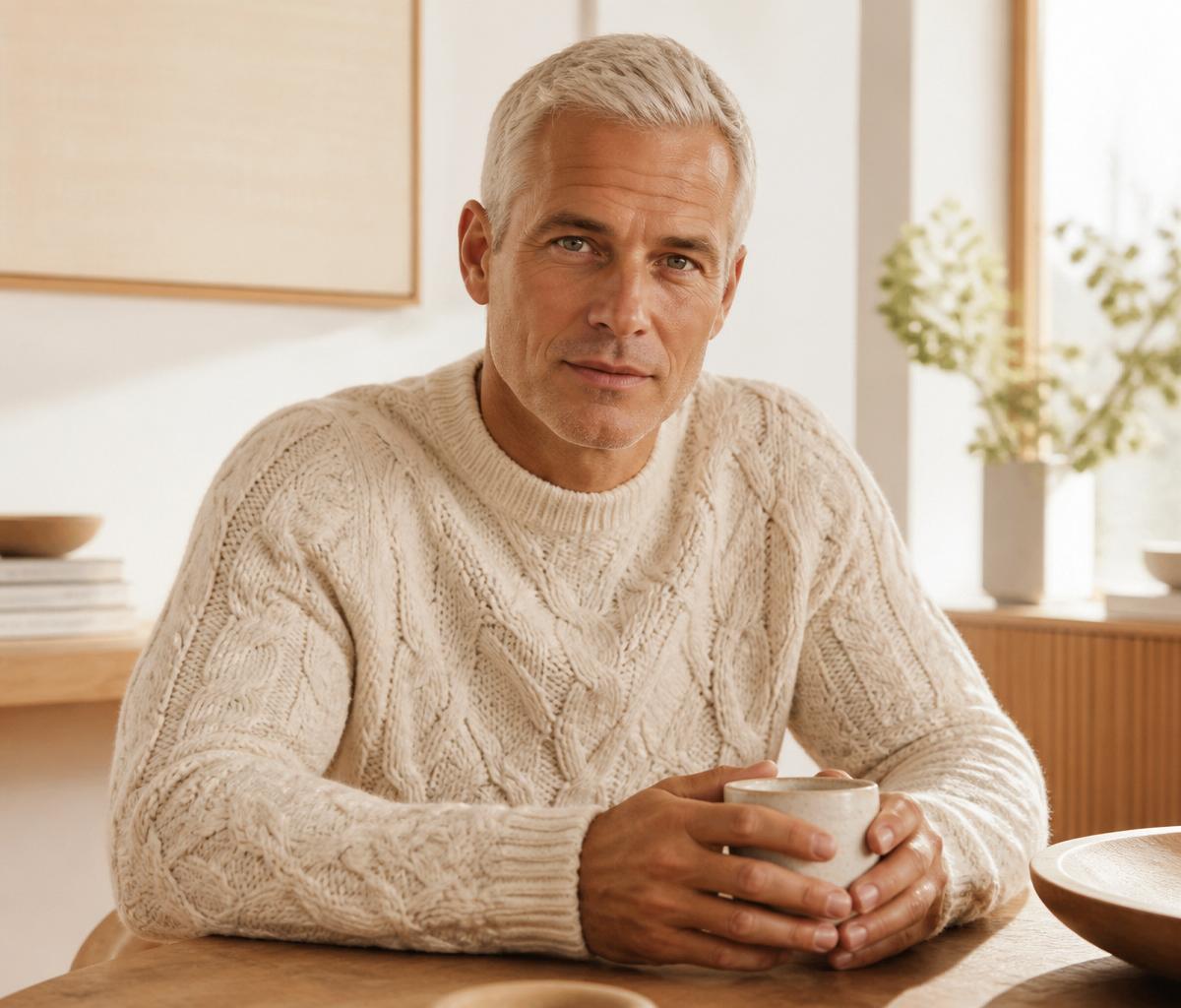 Adrian Vale — cream cable-knit sweater, warm morning interior