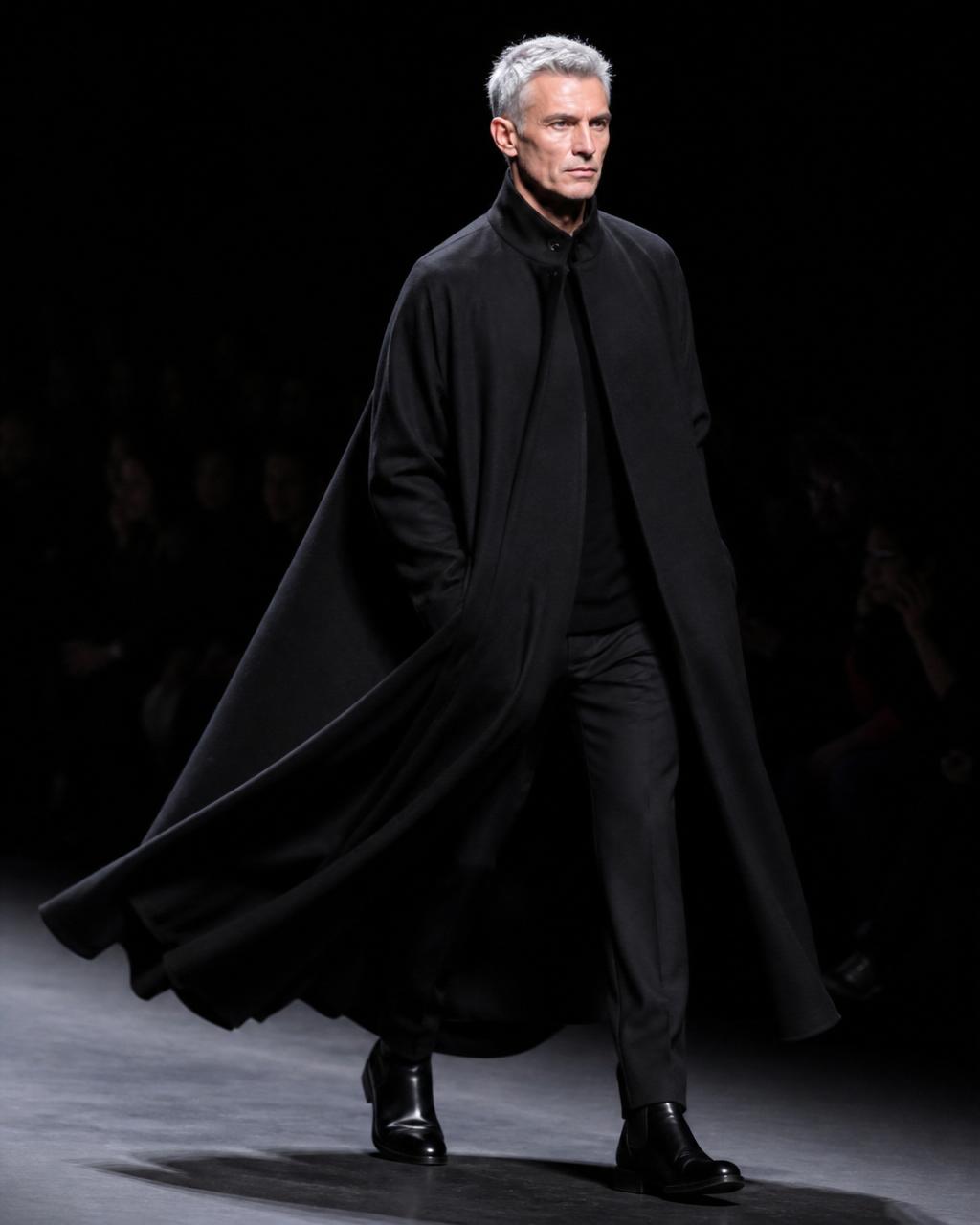 Adrian Vale — flowing black cape coat, spotlit runway motion