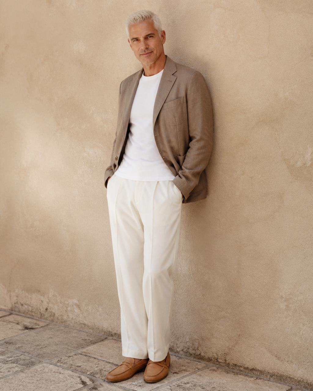 Adrian Vale — taupe linen blazer, cream trousers, warm sand wall