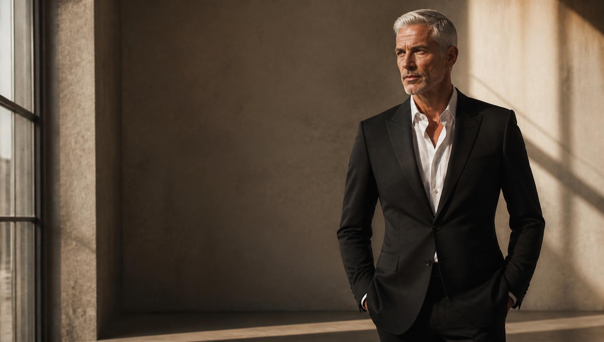 Adrian Vale — editorial portrait, silver hair, tailored black suit, warm architectural studio light