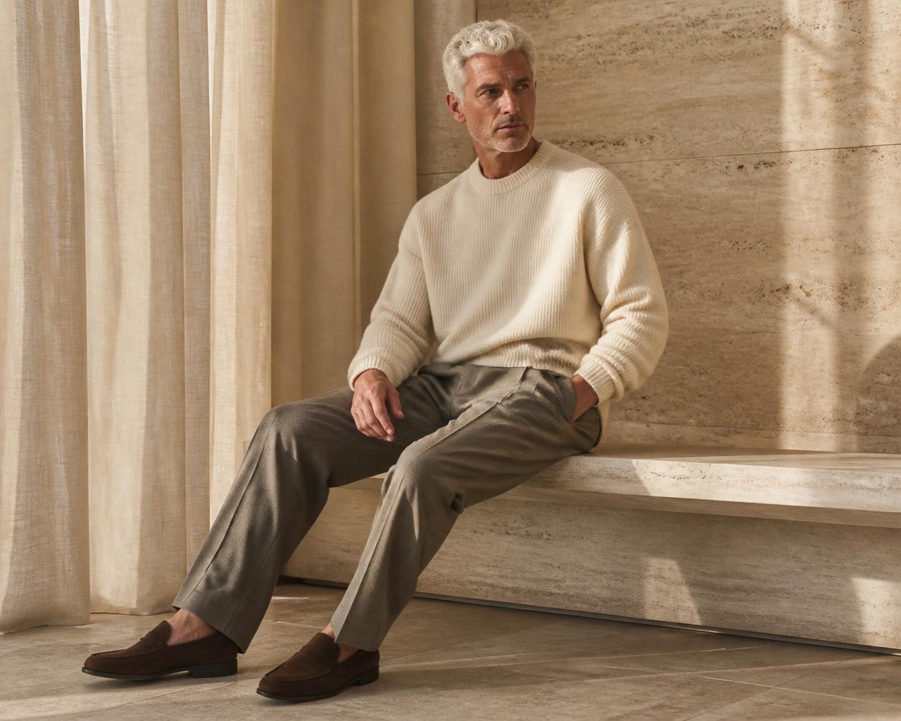 Adrian Vale — cream cashmere knit, seated in warm travertine interior