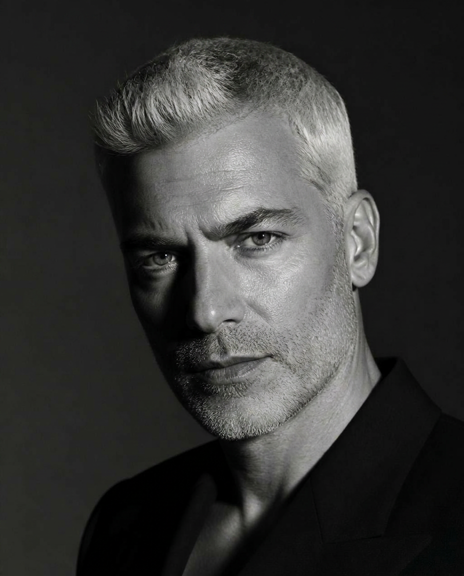 Adrian Vale — black and white editorial cover portrait with dramatic side light
