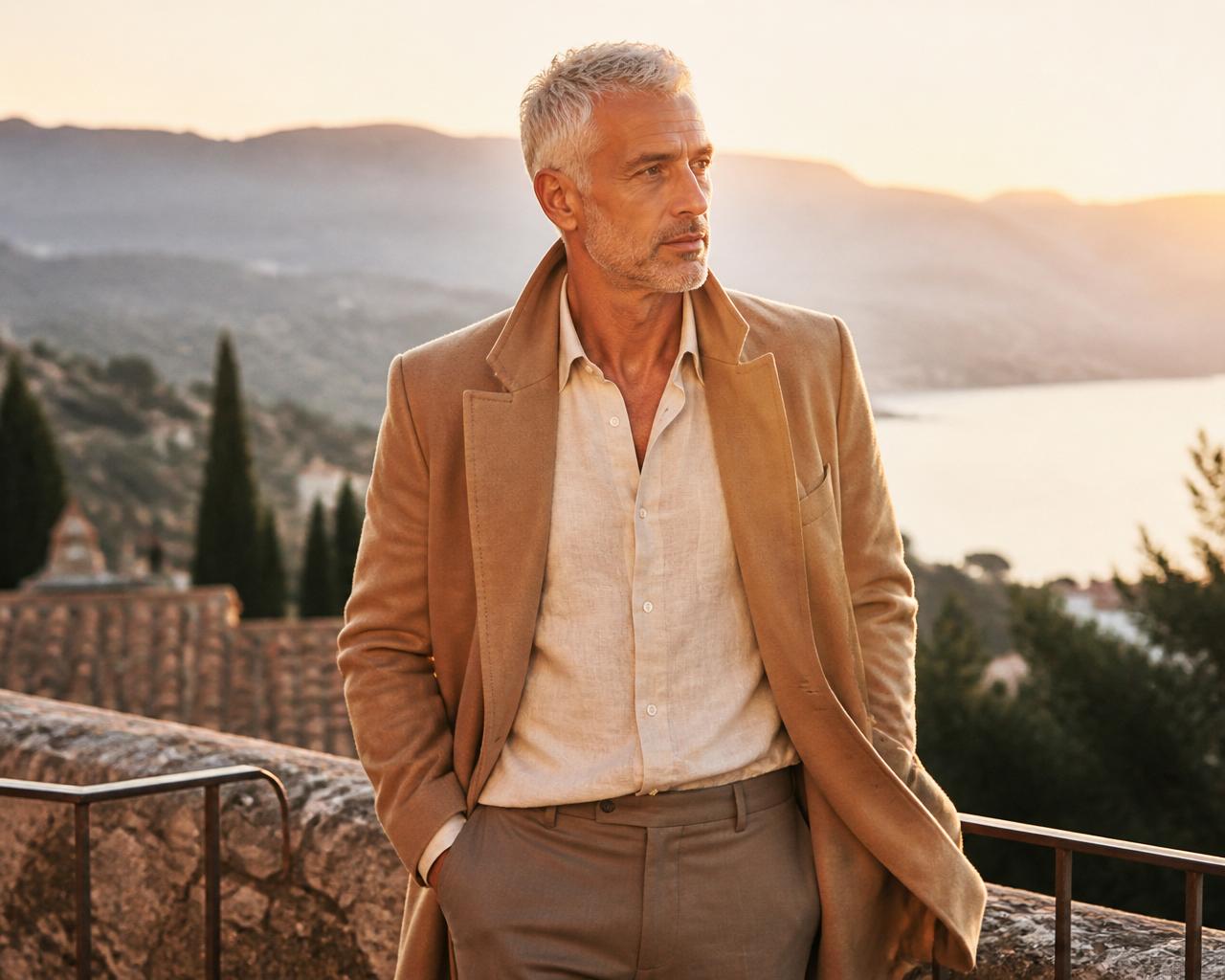 Adrian Vale — camel overcoat at golden hour, Mediterranean landscape