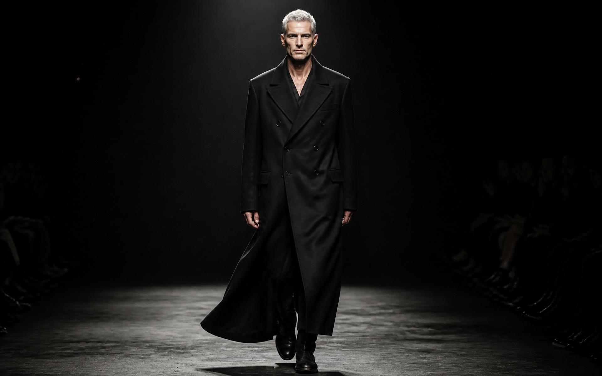 Adrian Vale — long black wool coat, spotlit runway, cinematic motion